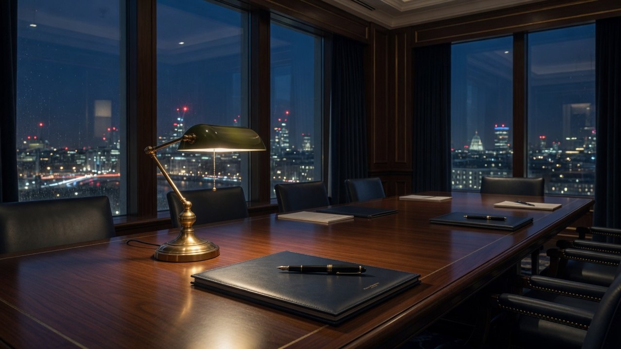 Private boardroom at night with walnut table and city lights